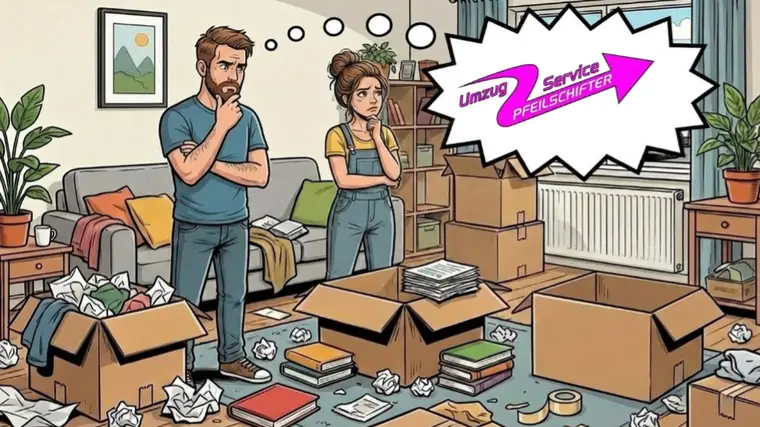 Gezeichnetes Paar steht ratlos zwischen halb gepackten Umzugskartons im Wohnzimmer