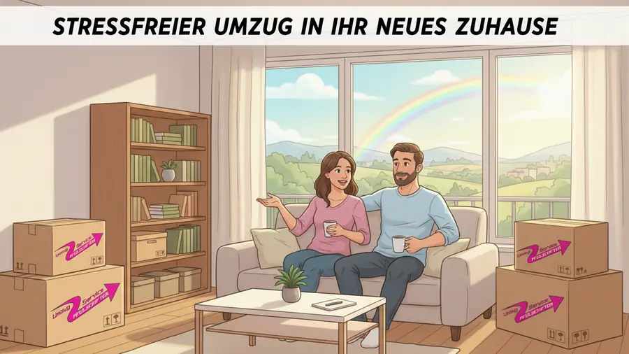 Gezeichnetes Paar sitzt entspannt mit Kaffee im neuen Wohnzimmer zwischen Umzugskartons