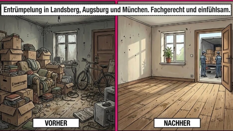 Zeichnung eines Zimmers vor und nach der Entrümpelung, links vollgestellt, rechts leer und besenrein